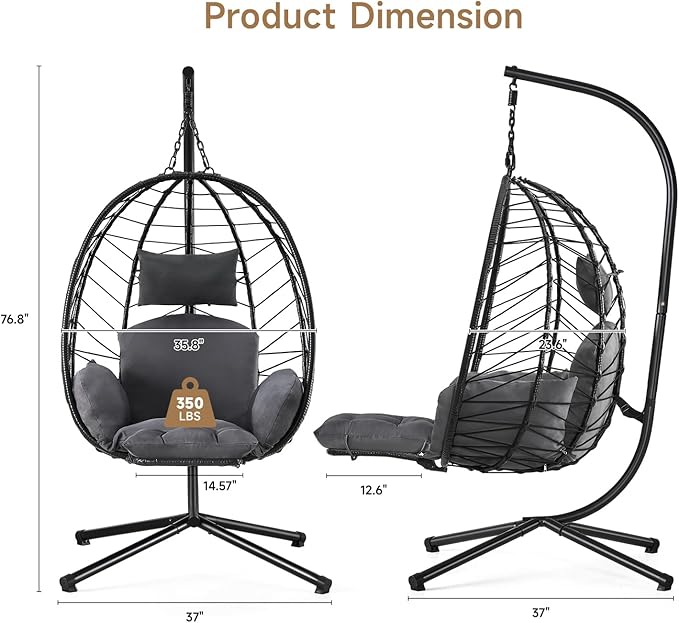 ONBRILL Hanging Egg Chair with Adjustable Footrest & Stand, Wicker Rattan Swing Hammock Chair with Cushion & Double Chains, 350LBS Capacity for Outdoor & Indoor Patio, Deck, Bedroom, Balcony (BL-GR)