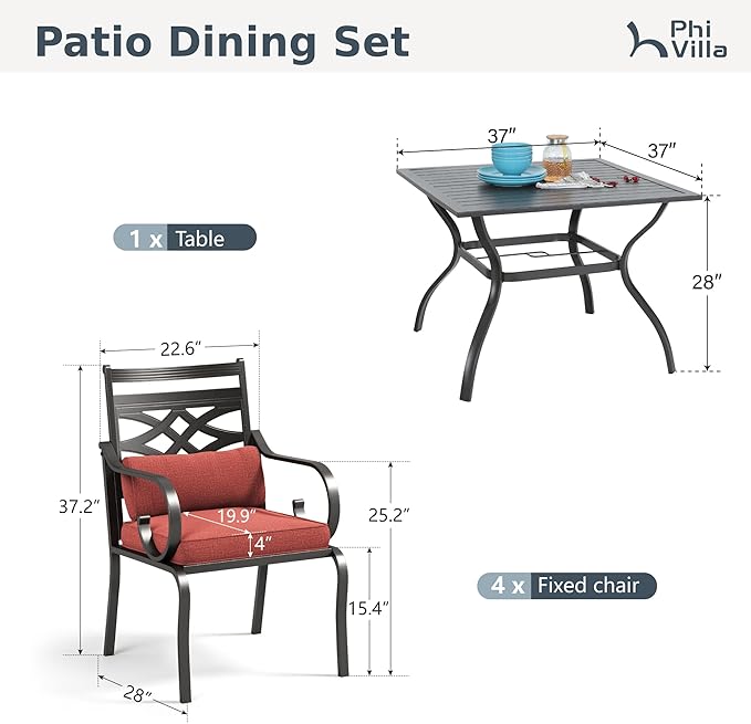 PHI VILLA 5 Pieces Outdoor Dining Set for 4, 37" Square Metal Table with Umbrella Hole & Wrought Iron Chairs, All Weather Large Outside Furniture with Red Cushions & Pillows for Patio, Deck, Porch
