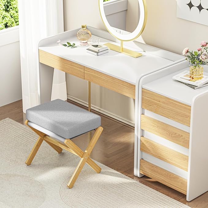 Foldable Foot Stool Ottoman, Modern Foot Rest with Bamboo X Legs & Thick Foam Cushion, Folding Foot Stools Small Padded for Bedroom Living Room, Footstool for Chair Couch (Natural - Grey)