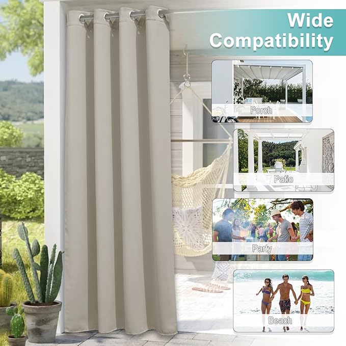 NICETOWN Outdoor Curtain for Patio Waterproof Extra Wide 84 inch, Sun Blocking Vertical Blinds Thermal Insulated Stainless Grommet for Front Porch/Gazebo/Lanai, Natural, 1 Piece, 84 inch L