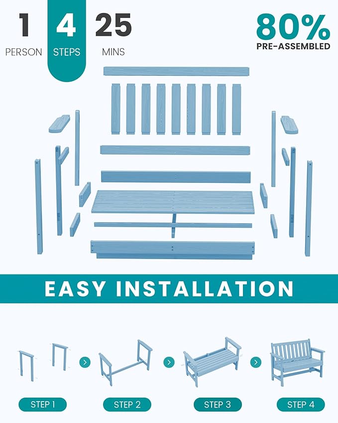 SERWALL Outdoor Bench, HDPE Outdoor Benches Weatherproof, 2-Person Garden Bench with 660 lbs Weight Capacity, Patio Benches for Outdoors, Garden, Porch, Backyard and Park, Light Blue, 4 Pack