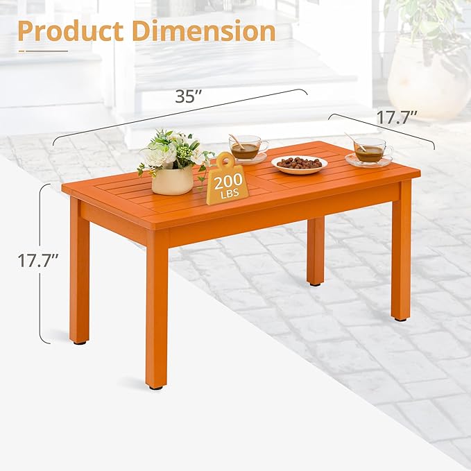 LUE BONA Outdoor Coffee Table Rectangle, HDPS Patio Coffee Tables for Outside, All Weather Patio Coffee Table with Slatted Tabletop for Deck, Garden, Balcony, Indoor or Outdoor Use, Orange