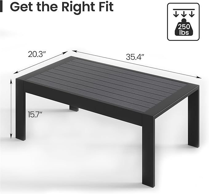 All-Weather Aluminum Outdoor Coffee Table, Modern Coffee Table for Outside, Rectangle Patio Coffee Table for Balcony Garden, Black