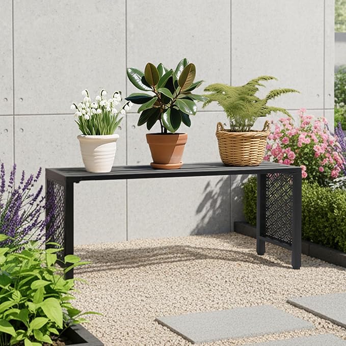 VINGLI 40in Outdoor Metal Bench, All-Weathe Backless Patio Bench with Slatted Seat＆Floral Side Panels, Rust-Resistant Garden Bench, Weatherproof Outdoor Seating for Porch Entryway Backyard (Black)