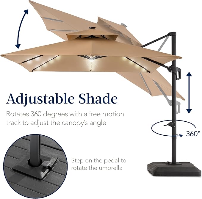 Best Choice Products 9x12ft LED Cantilever Patio Umbrella w/Base Included & 360° Rotation, Large Solar Offset Hanging Outdoor Sun Shade for Deck, Backyard Table w/Stand & Lights – Tan