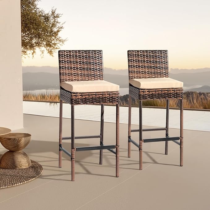 VINGLI Outdoor Wicker Bar Stool Set of 2, Patio Bar Stools w/Cushion, Bar Height Patio Chairs Outdoor Rattan Barstools for Garden Pool Lawn Backyard, Brown
