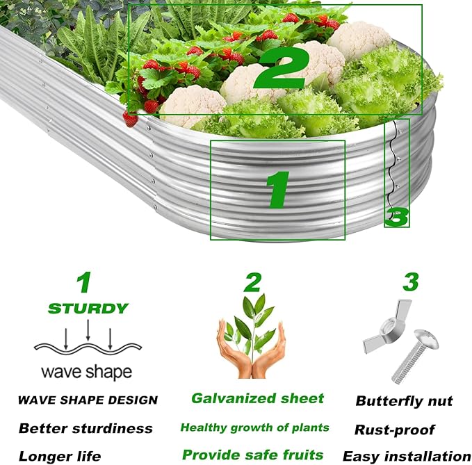 Raised Garden Bed Galvanized Planter Box Outdoor, 5ft Oval Large Rot-Resistant Metal Garden Bed Planter for Vegetables Flower Herb (Silver)