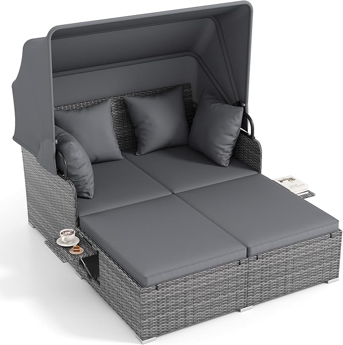 ORALNER Outdoor Daybed, 2-Person Wicker Patio Sofa with Retractable Canopy, Cushions & Pillows, 2 Side Trays, PE Rattan Double Sunbed for Deck Poolside Garden Balcony Backyard (Gray, Mix Gray)
