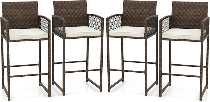 Tangkula Patio Bar Stools Set of 4, PE Rattan Bar Height Chairs with Backrests, Armrests, Footrests & Soft Cushions, Outdoor High Top Barstools with Metal Frames for Backyard (4 Pack)