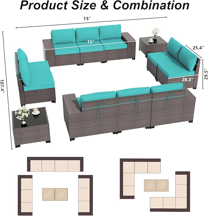 ALAULM 12 Pieces Outdoor Patio Furniture Set Sectional Sofa Sets Brown PE Rattan Patio Conversation Set w/10 Turquoise Blue Seat Cushions and 2 Coffee Tables