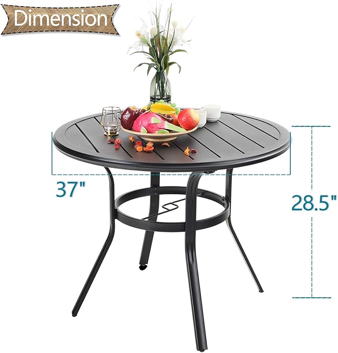 PHI VILLA 38 Inch Outdoor Round Dining Table, Metal Wrought Iron Slat Patio Table with 1.87" Umbrella Hole for Garden, Backyard and Porch (Black)