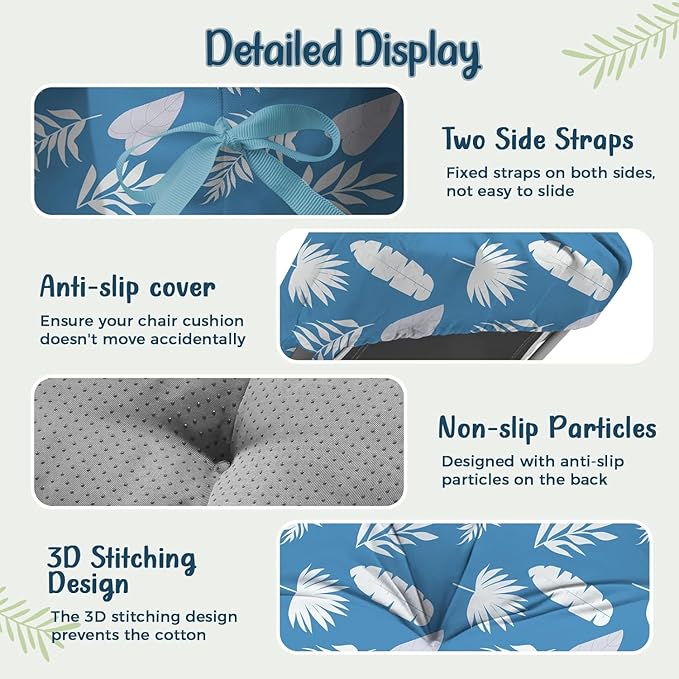 Outdoor Chaise Lounge Chair Cushion 75.1 x 22.8 x 4.7 Inches 100% Waterproof Replacement Cotton Patio Pool Lounge Chair Cushion for Outdoor Furniture with Ties, Blue Leaf
