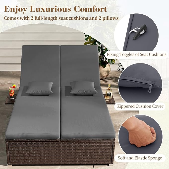 Tangkula Outdoor Rattan Daybed with 6-Level Adjustable Backrests, 2-Person Adjustable Wicker Recliner Bed with Cushions & Folding Side Trays, Double Sunbed Lounger for Balcony, Backyard & Poolside