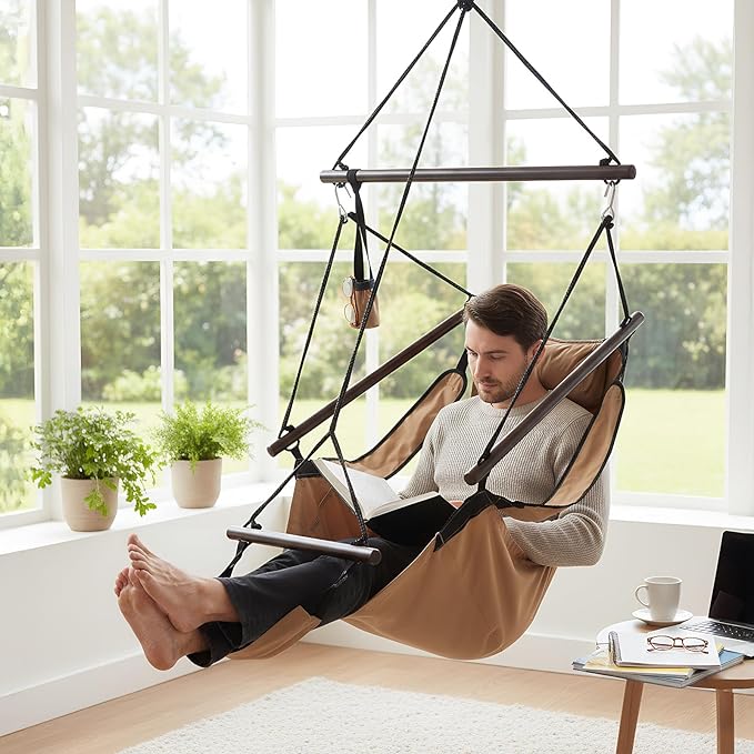 ONCLOUD Upgraded Unique Hammock Sky Chair, Air Deluxe Hanging Swing Seat with Rope Through Beech Wood Bar Safer Relax with Drink Holder & Fuller Pillow for Indoor Outdoor Patio Yard 250LBS (Tan)
