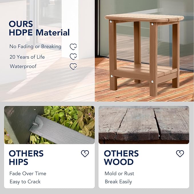 nalone Adirondack Side Table 16.5" Outdoor Side Table HDPE Plastic Double Adirondack End Table Small Table for Patio (Teak)