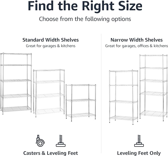 Amazon Basics 4-Shelf Adjustable Storage Shelving Unit for Garage, Steel Wire Rack, 200 Pound Loading Capacity per Shelf, 13.4"D x 23.2"W x 48"H, Chrome