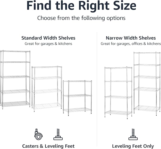 Amazon Basics 5-Shelf Adjustable, Heavy Duty Storage Shelving Unit on 4" Wheel Casters, Easy to Move Portable Wire Shelving, No Tools Needed for Easy Assembly, 30" x 14" x 64.8", Chrome