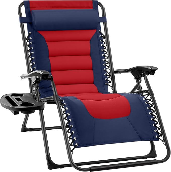 Best Choice Products Oversized Padded Zero Gravity Chair, Folding Outdoor Patio Recliner, XL Anti Gravity Lounger for Backyard w/Headrest, Cup Holder, Side Tray, Polyester Mesh - Navy/Red