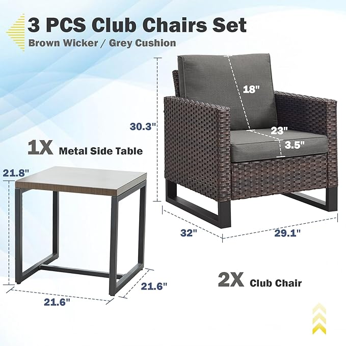 Belord Outdoor Bistro Set 3 Piece Wicker Patio Chairs, Oversize Rattan Seating Set, All-Weather Furniture With Metal Side Table and Removable Cushion for Outside, Brown