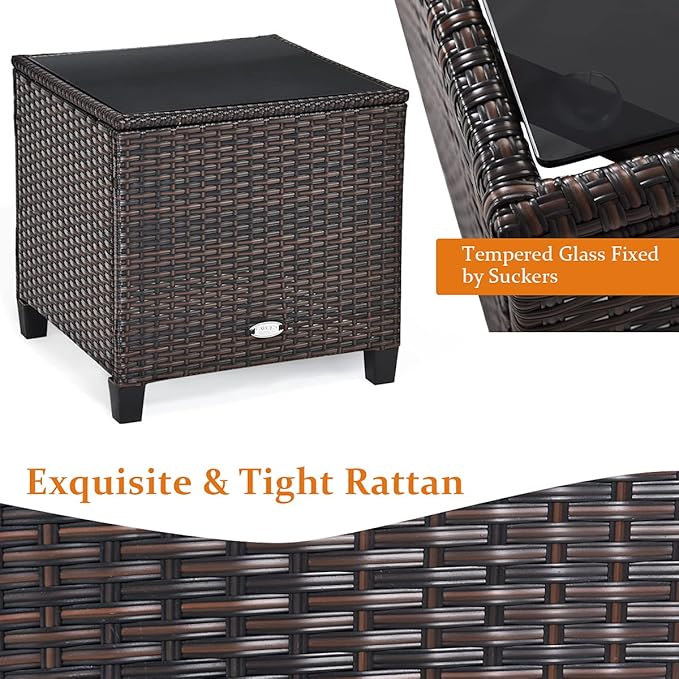 Tangkula 3 Pieces Patio Furniture Set, PE Rattan Wicker 3 Pcs Outdoor Sofa Set w/Washable Cushion and Tempered Glass Tabletop, Conversation Furniture for Garden Poolside Balcony (White)
