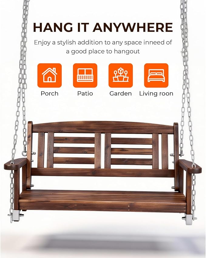 Outvita Wooden Porch Swing, Outdoor Patio Swing, 44" Swing Bench with Hanging Chains and Reclined Backrest for Deck, Garden,Yard, Balcony, Room 600 lbs Capacity Fir Wood (Carbonized Color)
