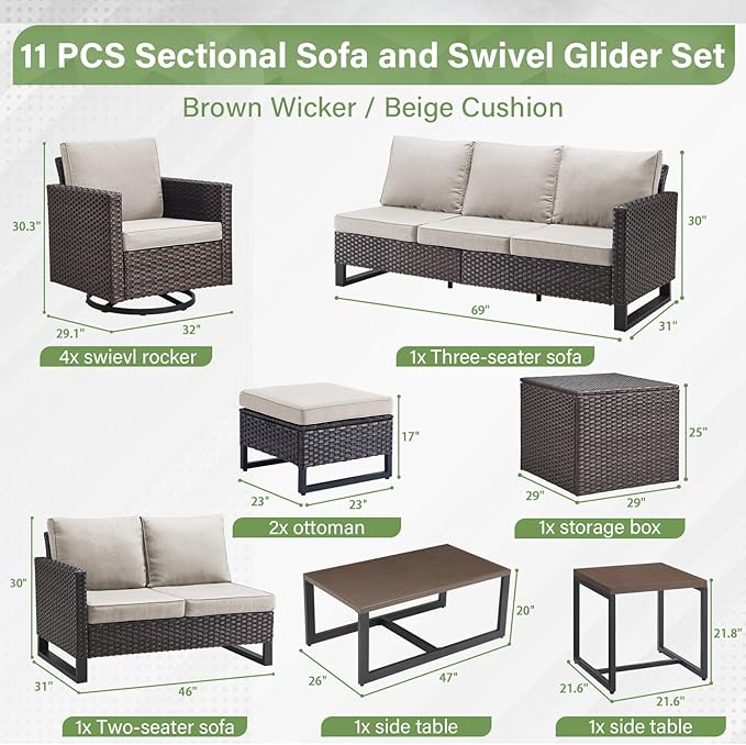 Belord Spacious 11 Pieces Patio Conversation Set - 5-Seater Outdoor Furniture Sectional Sets with Swivel Glider Chairs Set of 4 and Storage Box, Metal Top Coffee Table with Embedded Ottoman Brown