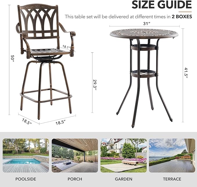 3 Piece Swivel Outdoor Table and Chairs Bar Set , All-Weather Cast Aluminum Outdoor High Top Patio Bar Set Bistro Set, High Swivel Stools with Cushions Umberlla Hole for Balcony, Poolside,Garden,Lawn