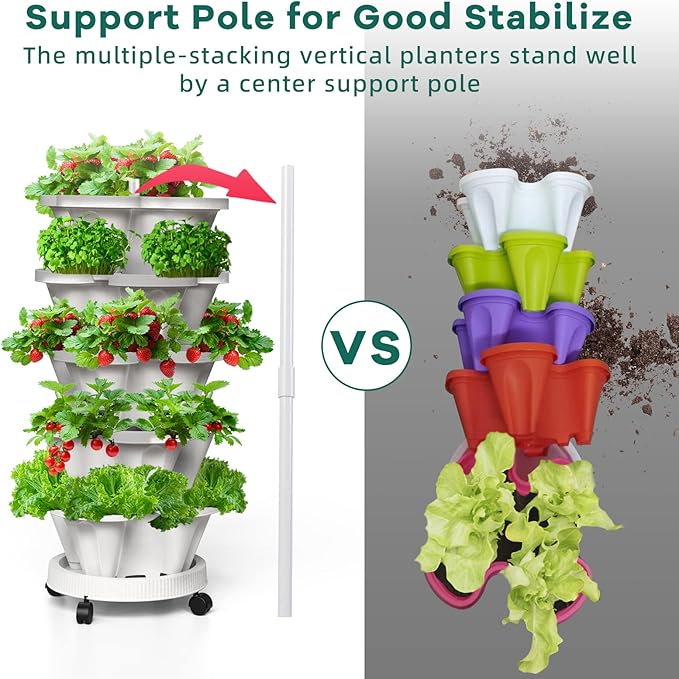 Strawberry Vertical Planters, 7 Tiered Stacking Tower Garden with Support Pole, Stackable Herb Vegetable Planters Indoor and Outdoor - White