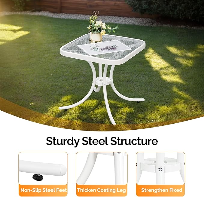 VINGLI Outdoor Side Table, 18in Patio Table Steel Frame Tempered Glass Top, Weatherproof Small Tables for Balcony Garden Poolside (White, Square)