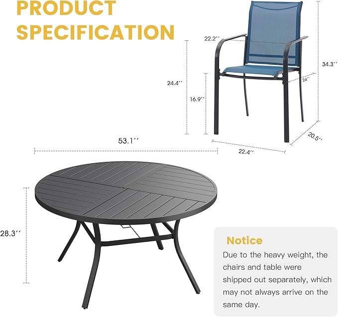 VICLLAX Patio Table and Chair Set of 8, All Weather Metal Round Outdoor Dining Furniture Set-53 Round Outdoor Table and Chairs, Black Tabletop