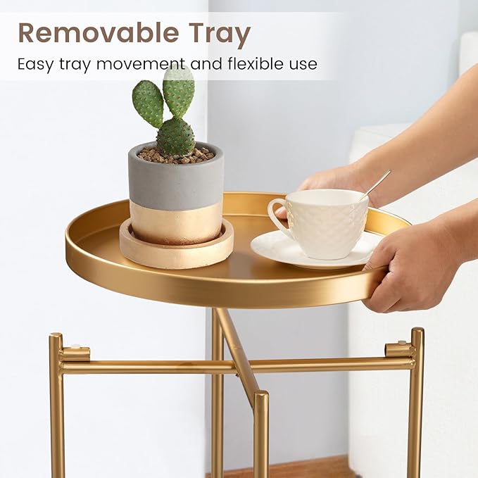 danpinera 2-Tier End Table, Outdoor Side Table, Metal Round Desk with Removable Tray, Small Folding Accent Desk, Anti-Rust Nightstand for Bedroom Balcony Patio Living Room, Set of 2 (Gold)