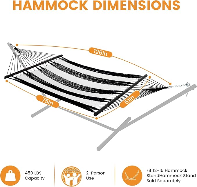 Lazy Daze Hammocks 10.5 FT Double 2 Person Caribbean Rope Hammock, Hand Woven Polyester Hammock with Spreader Bars, for Outside Outdoor Backyard Patio Poolside, 450 LBS Capacity, Black/White