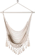 Handwoven Cotton Rope Hammock Chair with Metal Spreader Bar, Boho Hanging Chair Bedroom, Indoor Outdoor Swing Chair with Tassle, SandyBeach White