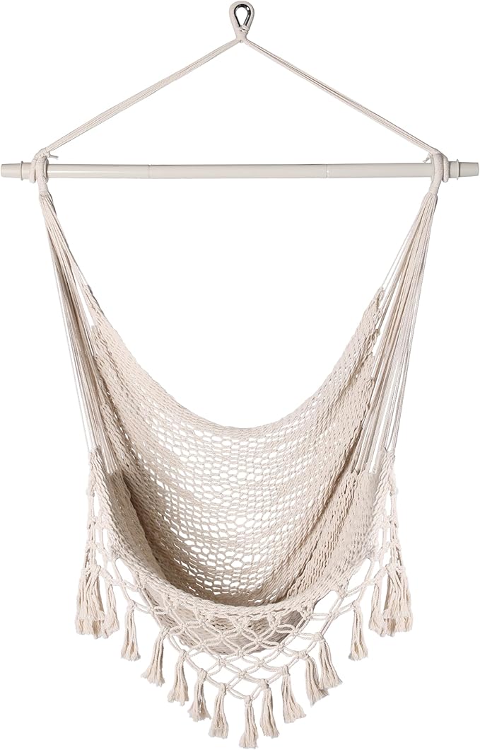 Handwoven Cotton Rope Hammock Chair with Metal Spreader Bar, Boho Hanging Chair Bedroom, Indoor Outdoor Swing Chair with Tassle, SandyBeach White