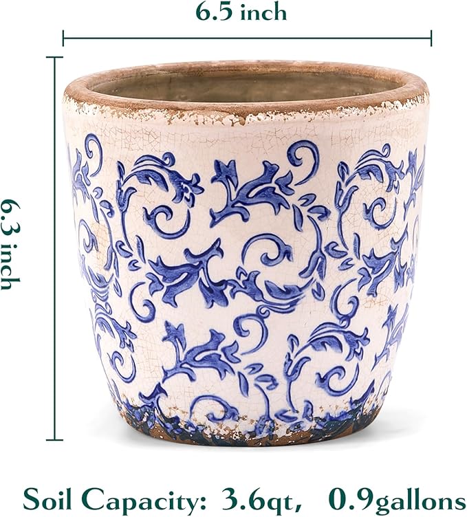 Vintage Ceramic Planter Without Drainage Hole, 6.5 Inch - Indoor/Outdoor Flower Pot for Orchids, Succulents, Blue Floral Rustic Farmhouse Plant Pot for Home, Office & Garden Décor, Ideal Gift