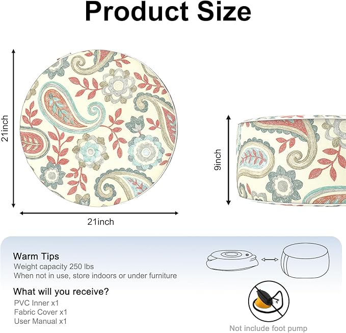 Inflatable Ottoman Stool D21 xH9 for Outdoor/Indoor Use, Water Repellent Patio Foot Rest with Portable Handle,Round Pouf Ottoman Suitable for Garden,Deck and Camping-Paisley Vintage