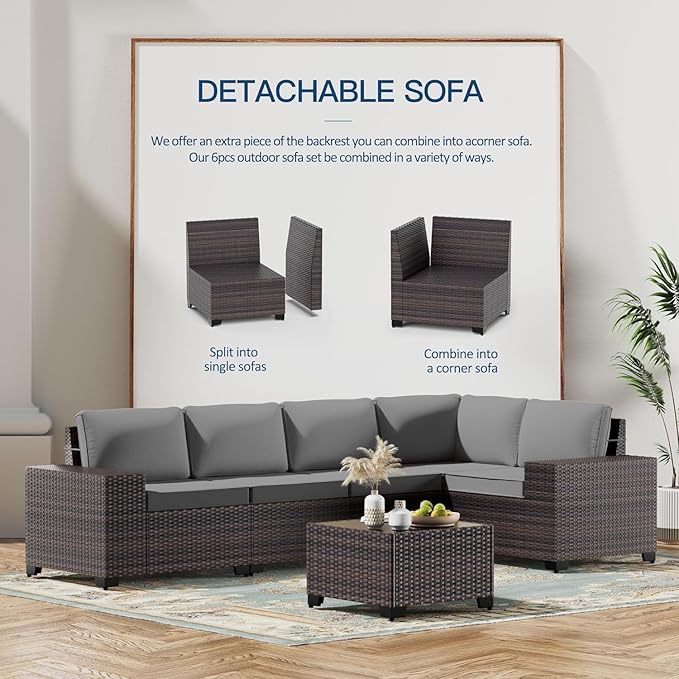Kullavik Outdoor Patio Furniture Set,12 Pieces Sectional Rattan Sofa Set Brown PE Rattan Wicker Patio Conversation Set with 10 Seat Cushions and 2 Tempered Glass Coffee Table,Grey