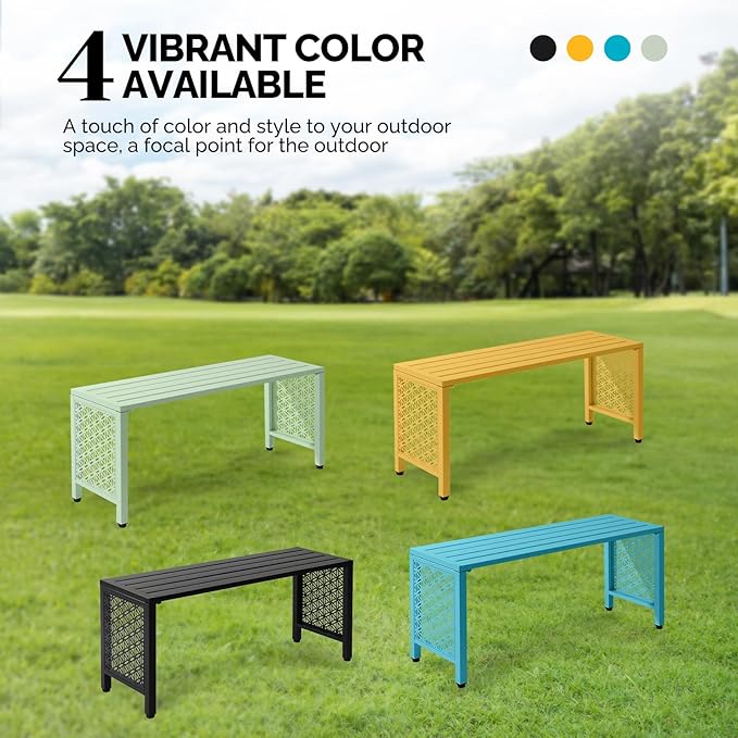 VINGLI 40in Outdoor Metal Bench, All-Weathe Backless Patio Bench with Slatted Seat＆Floral Side Panels, Rust-Resistant Garden Bench, Weatherproof Outdoor Seating for Porch Entryway Backyard (Yellow)