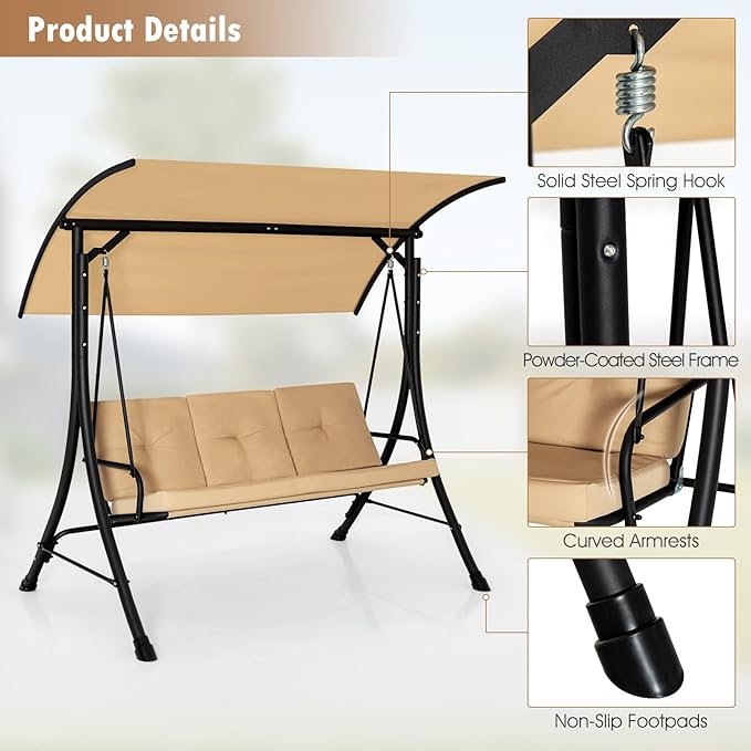 Tangkula 3 Person Porch Swing, Outdoor Swing with Removable Cushions, Solid Steel Structure, Patio Swing with Adjustable Canopy for Garden, Backyard, Balcony, Poolside Beige