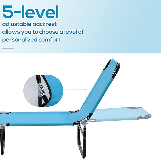 Outsunny Folding Chaise Lounge Pool Chairs, Outdoor Sun Tanning Chairs with 5-Level Reclining Back, Steel Frame for Beach, Yard, Patio, Sky Blue