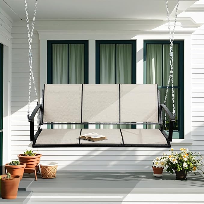 Textilene 3 Seat Hanging Swing, 5.2FT Patio Bench Swing, 660lbs Heavy Duty Outdoor Porch Swing with Hanging Chains for Courtyard, Garden, Tree, Yard