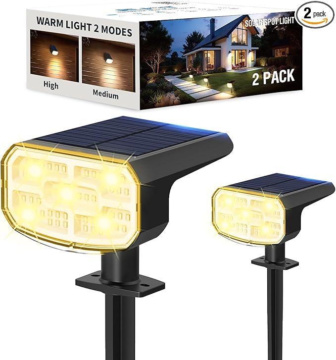 Solar Lights Outdoor Waterproof IP65, Super Bright LED, 3000K 2 Lighting Modes, Solar Powered Yard Garden Solar Spot Lights for Outside Landscape Auto On/Off -2 Pack