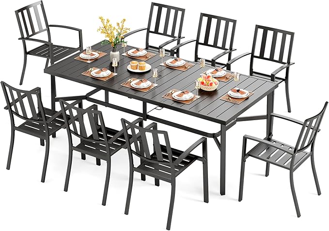 PHI VILLA 9 Pieces Outdoor Dining Set for 8, 83“ Rectangular Metal Table with Umbrella Hole & Stackable Black Wrought Iron Chairs, Large Outside Furniture for Patio, Deck, Yard, Porch