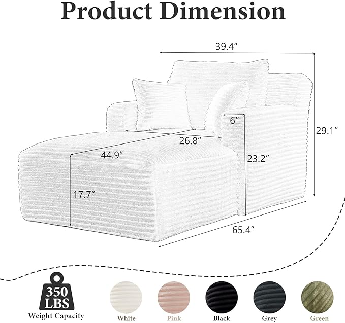 65.4" Chaise Lounge Chair Indoor, Oversized Boneless Chaise Lounge Comfy Sleeper Sofa Bed with 3 Pillows, Corduroy Cloud Reading Chair for Living Room No Assembly Required