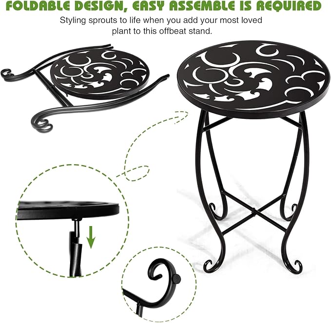 2 Pack 15 Inch Tall Plant Stands Outdoor Indoor, Metal Side Tables for Patio, Weather Resistant Flower Pot Racks with Swirl Pattern, Black End Table Set for Garden Balcony
