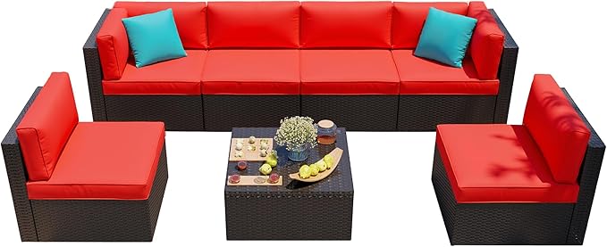 Shintenchi 7 Pieces Patio Furniture Sets Outdoor All-Weather Sectional Patio Sofa Set PE Rattan Manual Weaving Wicker Patio Conversation Set with Glass Table&Ottoman Cushion and Red Pillows, Red