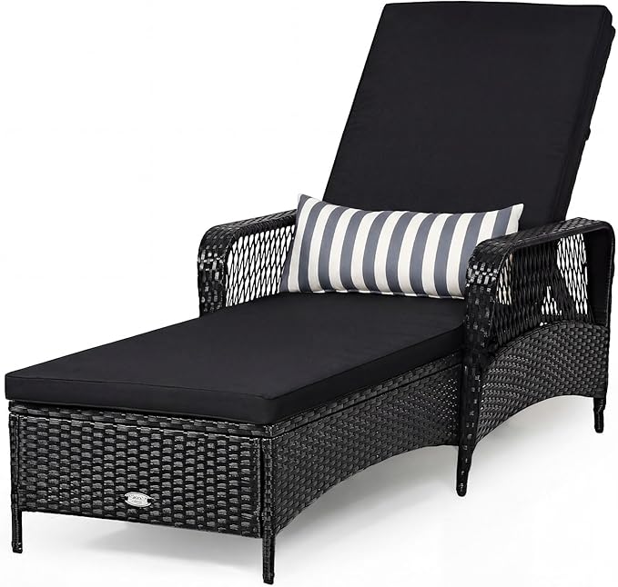 Tangkula Wicker Chaise Lounge Outdoor, Patio Rattan Reclining Chaise with 6-Gear Adjustable Backrest, Thick Padded Cushion & Removable Lumbar Pillow, Pool Lounge Chairs (1, Black + Black)