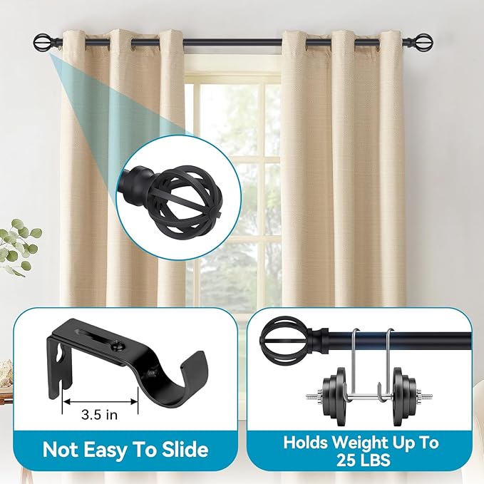 Curtain Rods for Windows 28 to 60 Inch - 5/8” Black Metal Heavy Duty - Decorative Window Small Curtains Rod with Brackets for Kitchen, Bathroom, Sliding Cafe Drapery Rods Door