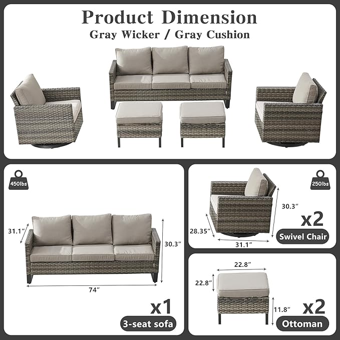 Belord Wicker Patio Furniture 5 Piece Outdoor Sofa Set, Oversize Outdoor Swivel Rocker Chairs with Rattan Ottomans, Conversation Sets Patio Furniture Come with Removable Washable Cushion Grey