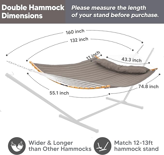 SUNCREAT Hammocks Portable Double Hammock with Curved Spreader Bar, 450 lbs Capacity, Heavy Duty Outdoor Hammock with Carrying Bag, Brown